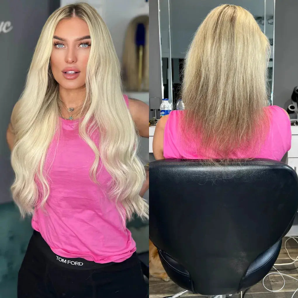 Before and after comparison showing long, wavy platinum blonde hair extensions from front and back views.