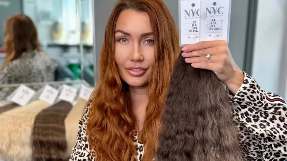 Woman with long auburn wavy hair wearing a leopard print top, holding up dark brown hair extensions and NYC hair product bottles in a salon.