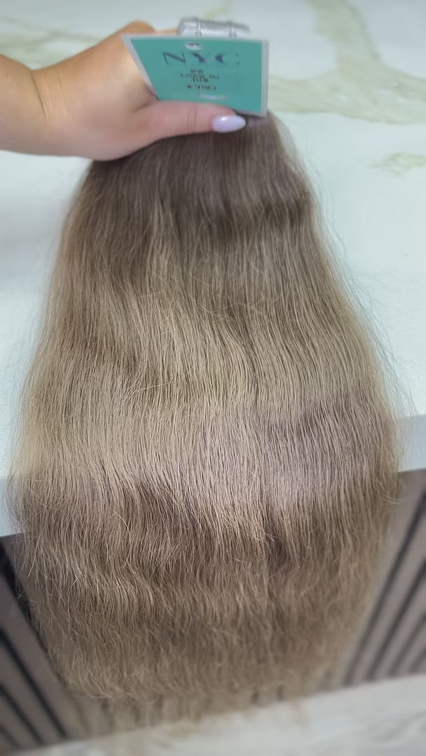 Luxury human hair extensions – Tape-in, virgin Slavic wavy, light brown hair, ultra-thick natural texture. By Olga Turkina. Shop at luxhairnyc.shop