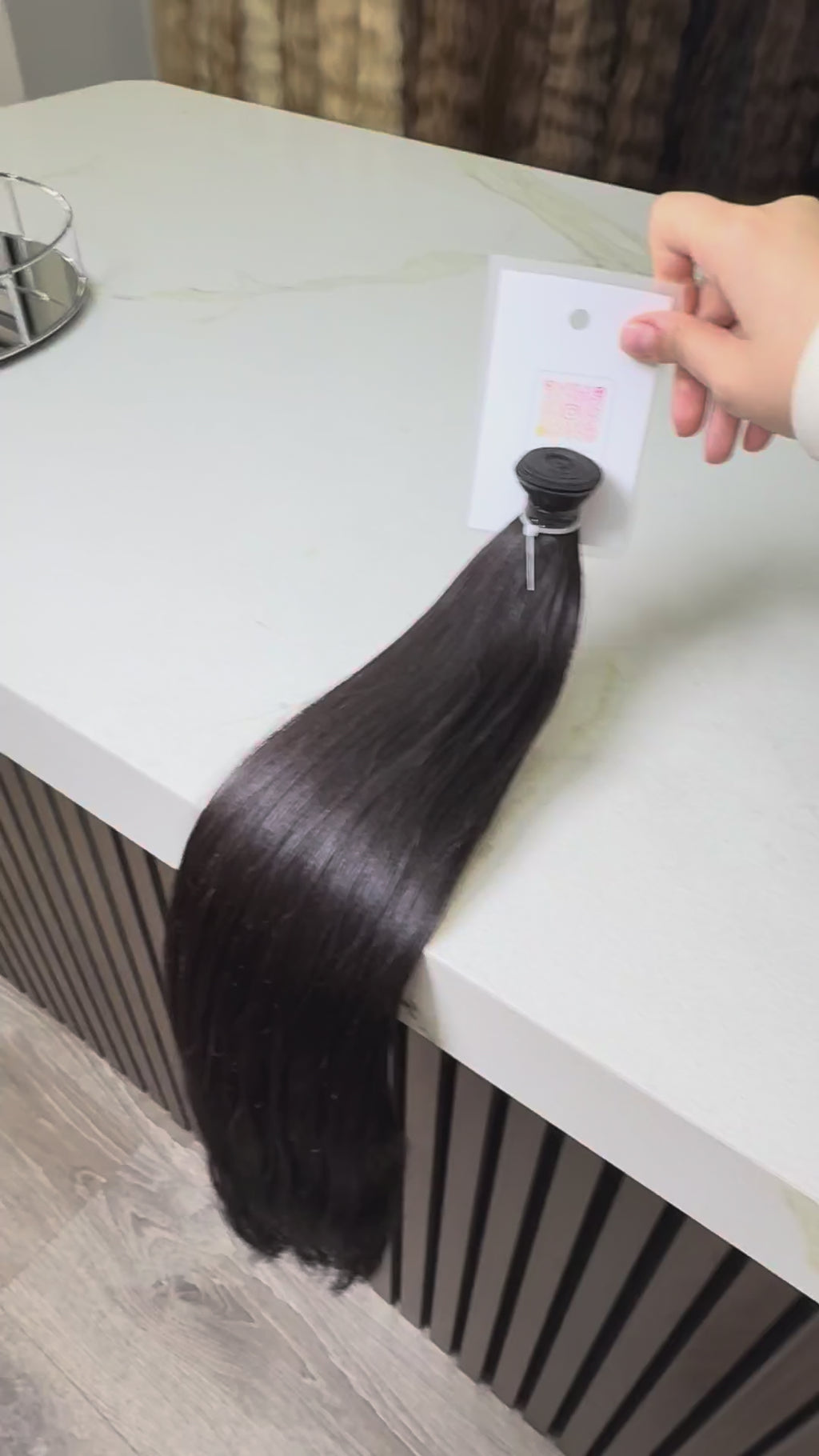 Russian Slavic weft hair ponytail video - dark brown wavy texture movement and shine demonstration