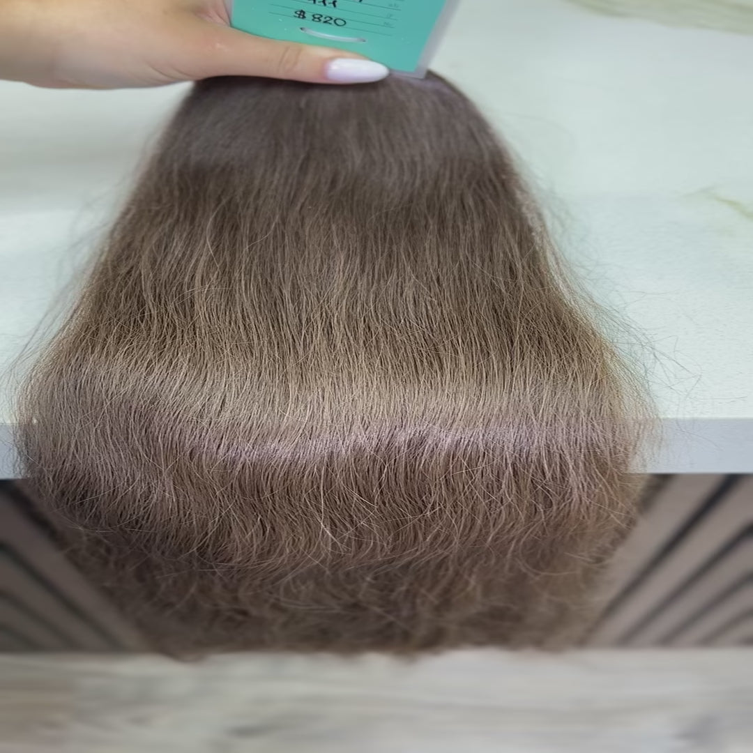 Luxury human hair extensions – Tape-in, virgin Slavic wavy, light brown hair, ultra-thick natural texture. By Olga Turkina. Shop at luxhairnyc.shop