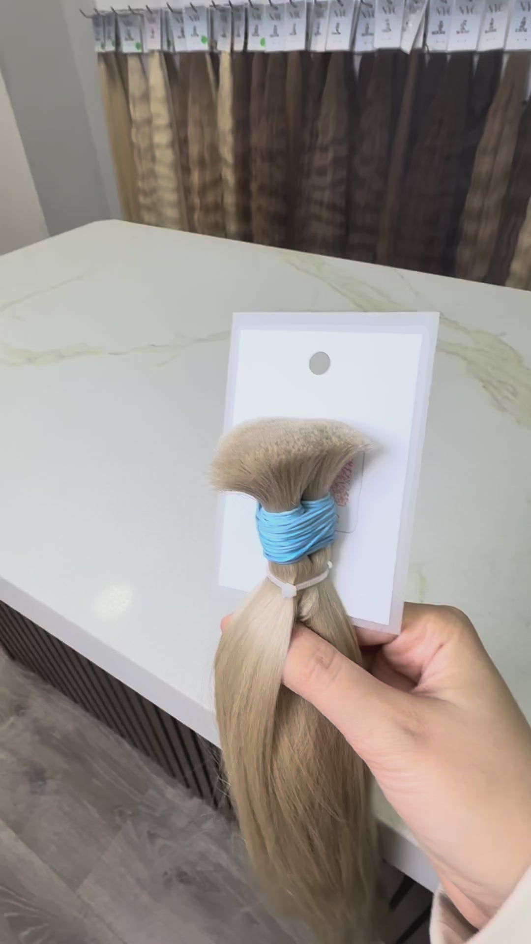 Russian Slavic bulk hair ponytail video - warm blonde wavy texture movement and shine demonstration