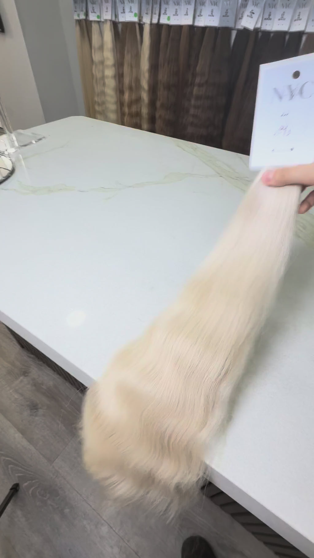 LuxHairNYCHair brand label on Russian Slavic bulk ponytail - 24" cold blonde wavy