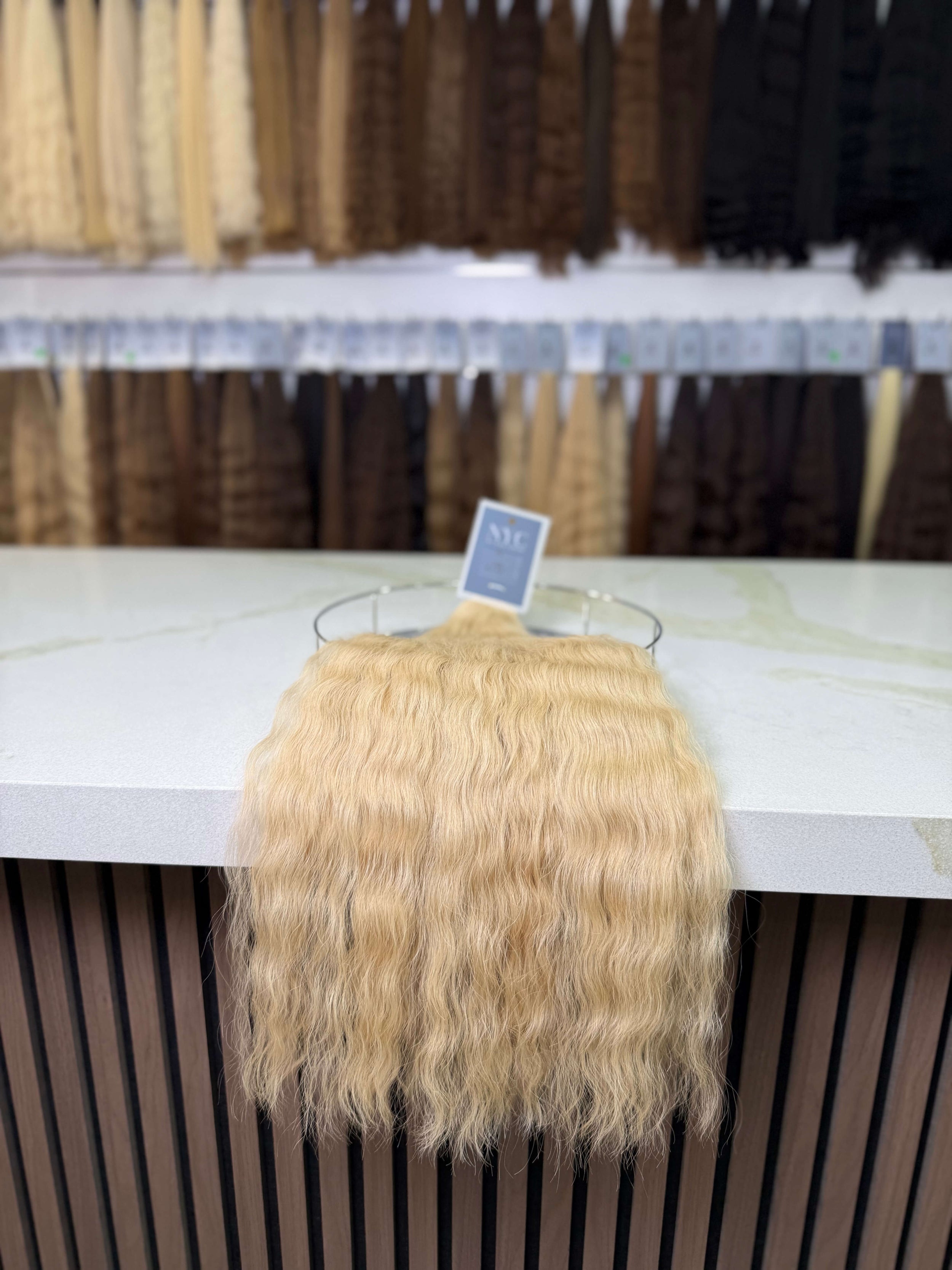 Russian Slavic bulk hair ponytail video - 26" warm blonde wavy texture movement and shine demonstration