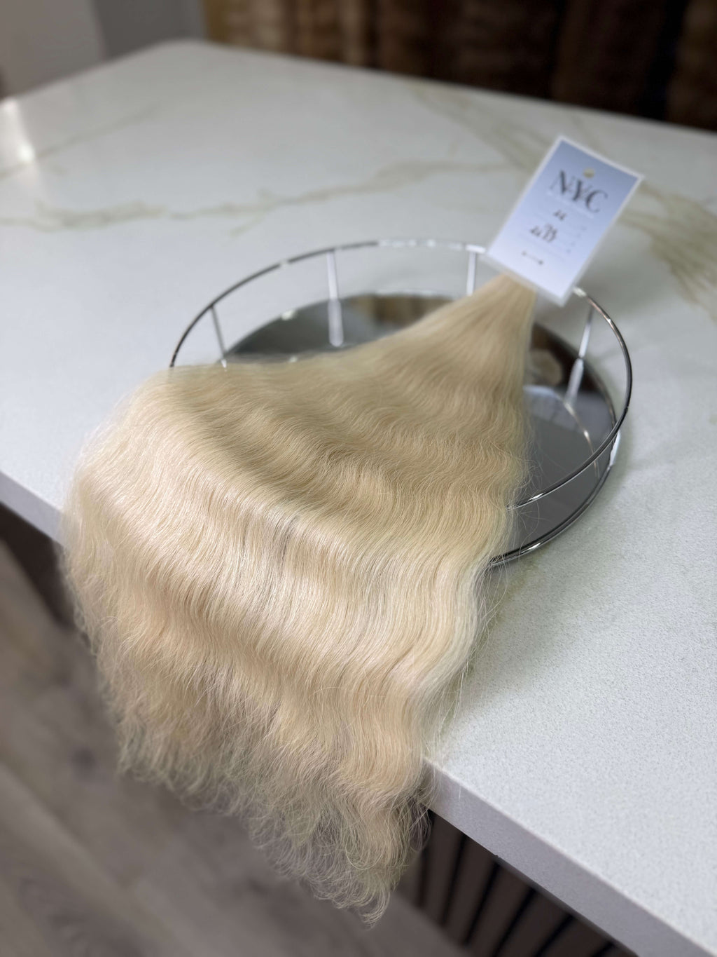 Russian Slavic bulk hair ponytail video - 26" warm blonde wavy texture movement and shine demonstration