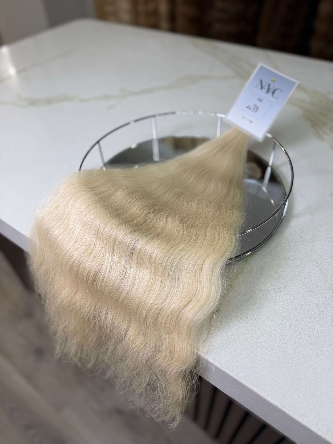 Russian Slavic bulk hair ponytail video - 26" warm blonde wavy texture movement and shine demonstration