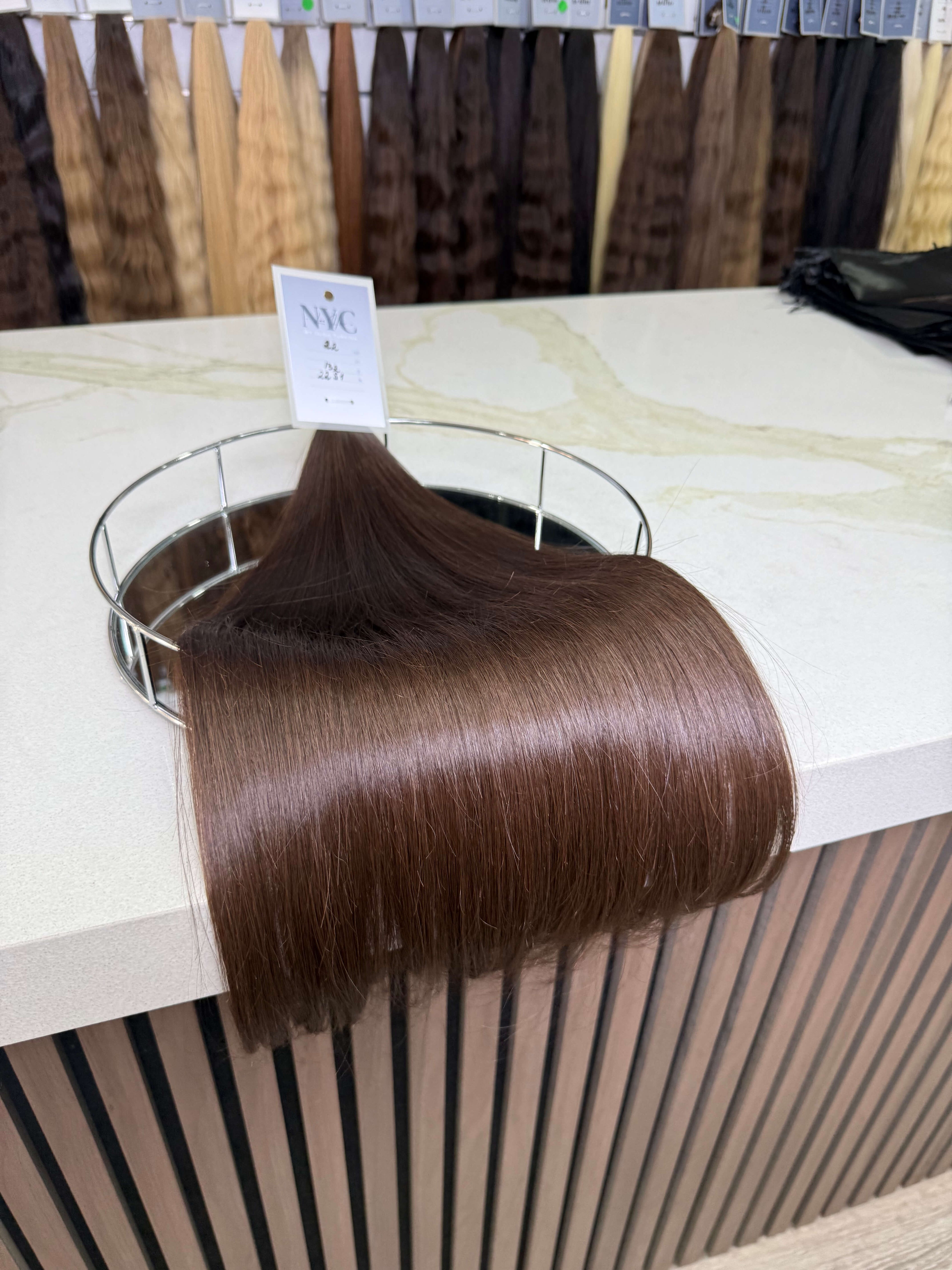 Russian Slavic bulk hair texture detail -  straight pattern, brown color color, single donor ponytail