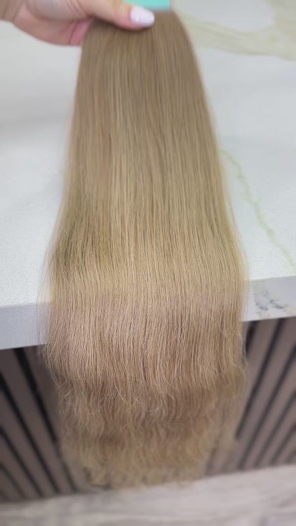 Luxury human hair extensions – K-tip virgin Slavic wavy, light brown hair, ultra-thick natural texture. By Olga Turkina. Shop at luxhairnyc.shop