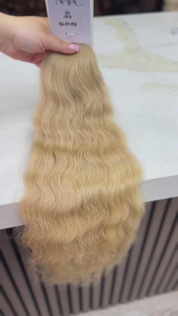 Luxury human hair extensions – K-tip virgin Slavic wavy blonde hair, ultra-thick natural texture. By Olga Turkina. Shop at luxhairnyc.shop