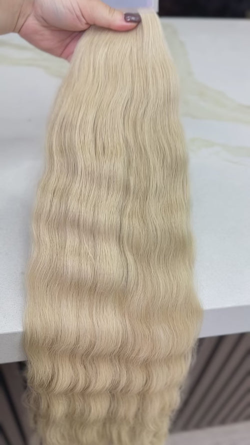 Luxury human hair extensions – K-tip virgin Slavic straight, blonde hair, ultra-thick natural texture. By Olga Turkina. Shop at luxhairnyc.shop