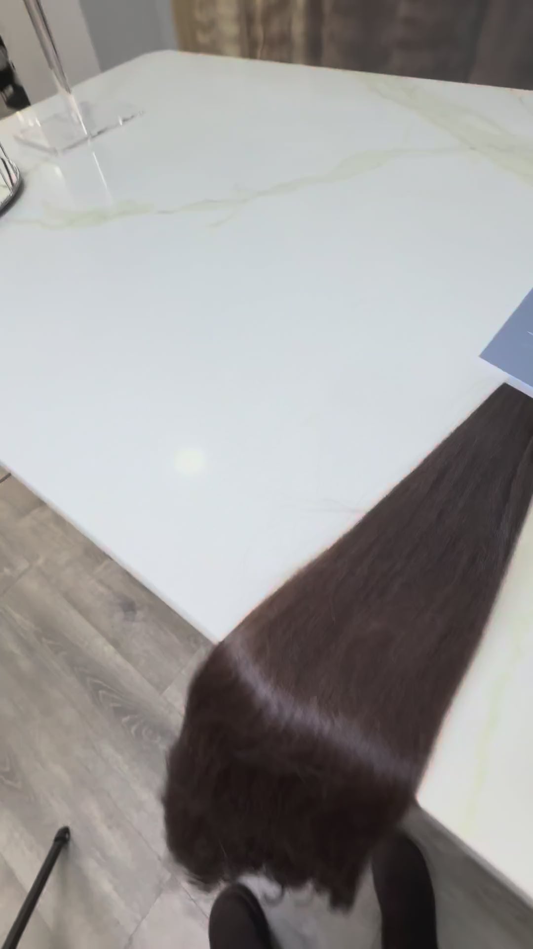 Russian Slavic bulk hair texture detail -  wavy pattern, dark brown color,single donor ponytail