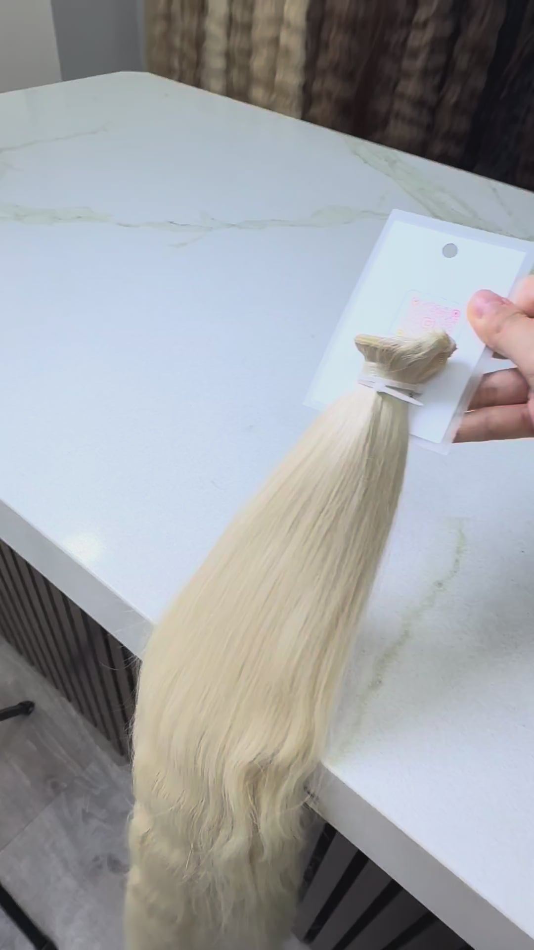 Russian Slavic weft hair ponytail video -  warm blonde wavy texture movement and shine demonstration