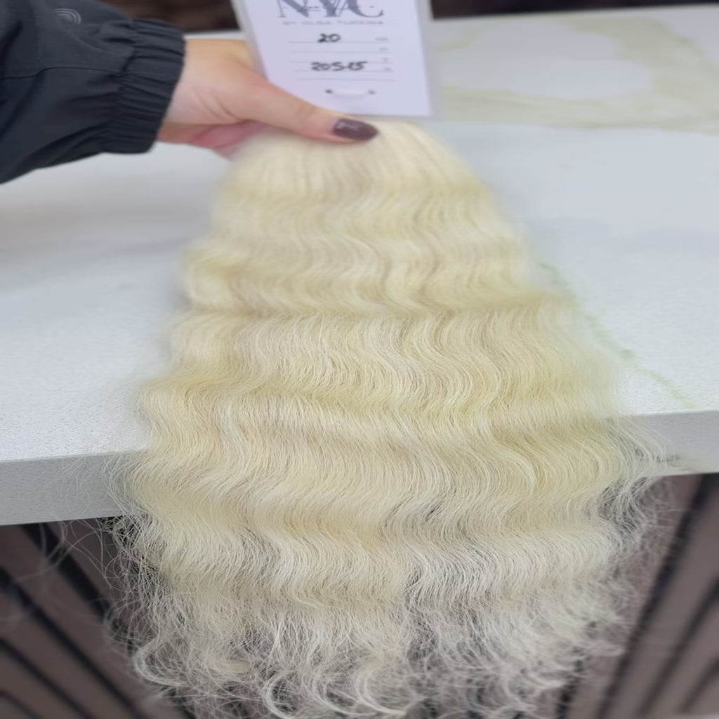 Luxury human hair extensions – Bulk hair, virgin Slavic wavy, blonde hair, ultra-thick natural texture. By Olga Turkina. Shop at luxhairnyc.shop