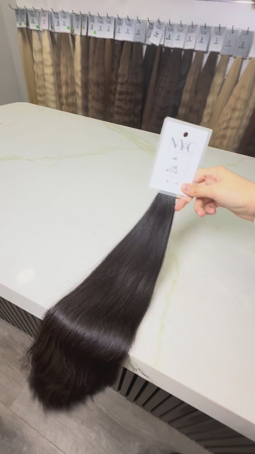 Russian Slavic bulk hair ponytail video - " brown color, wavy texture movement and shine demonstration